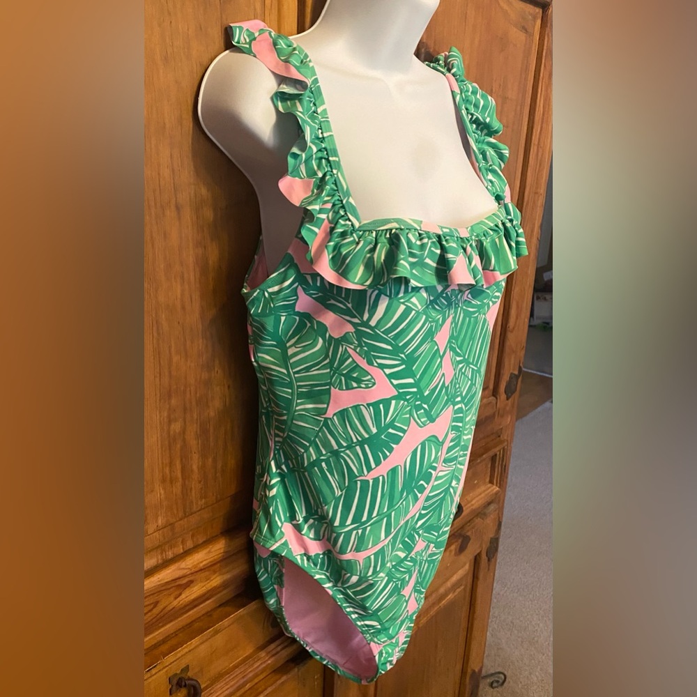 Lilly Pulitzer Green Palm Leaf One-Piece Swimsuit with Pink Accents - Picture 5 of 12